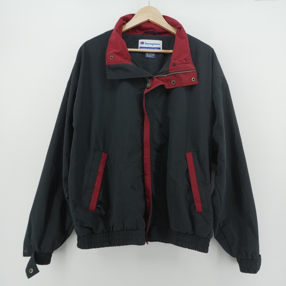 Vintage Champion Windbreaker Jacket Mens Large Black Red Zip Up Stowaway Hood